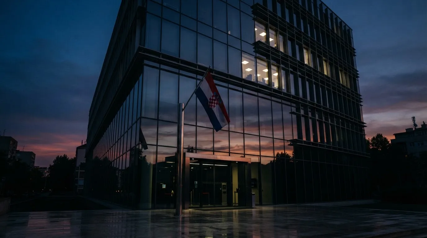 Fasada moderne državne zgrade u Zagrebu s ravnim staklenim pročeljem i hrvatskom zastavom, snimljena u sumrak.
