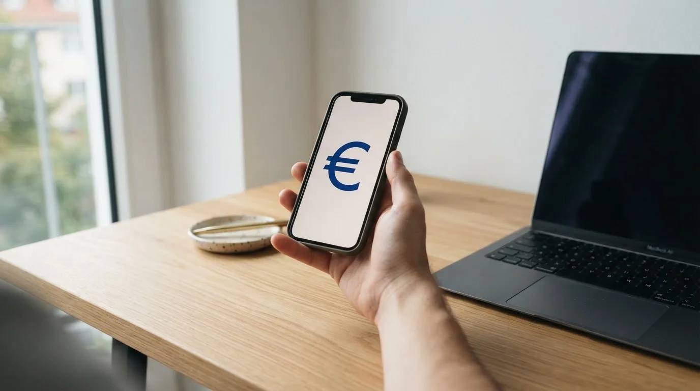 Ruka drži običnu bankovnu karticu iznad čitača pokraj laptopa na drvenom stolu, svjetlo dolazi kroz prozor s lijeve strane.